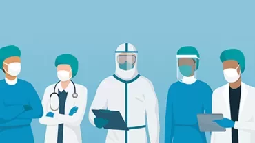 Illustration of healthcare workers in protective gear and masks.