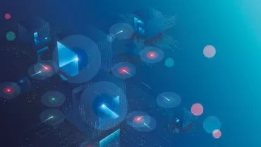 Abstract digital blockchain concept with glowing cubes and circles.