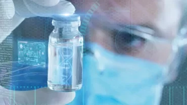Scientist in lab holding vial with DNA symbol.