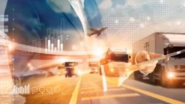 A person in a suit with transportation and data graphics overlay.