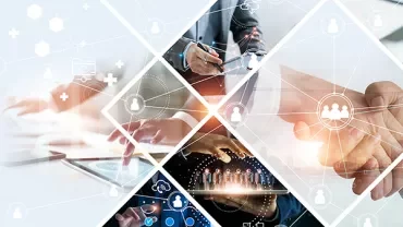 Collage of hands using devices and shaking hands with network overlay.