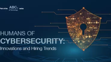 Image of cybersecurity shield with text about innovations and hiring trends.