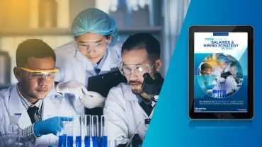 Scientists in a lab examining test tubes, with a tablet displaying a hiring strategy guide.