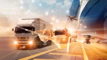 Trucks, planes, and digital connections in a logistics concept.
