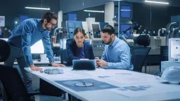 Three individuals collaborating around a laptop in a modern office setting.
