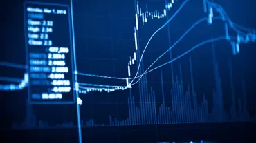 Stock market data and graphs on a blue background.