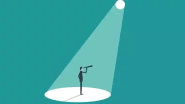 Illustration of a person standing in a spotlight looking through a telescope.