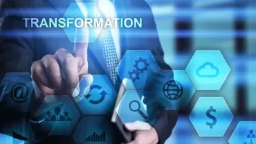Person touching virtual transformation tech icons.