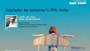 A child wears cardboard wings. Text: 'Upgrade: Be tomorrow’s CPO, today'.