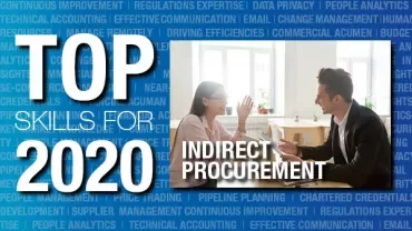 Text reads 'Top Skills for 2020: Indirect Procurement' over an office meeting scene, with business keywords background.